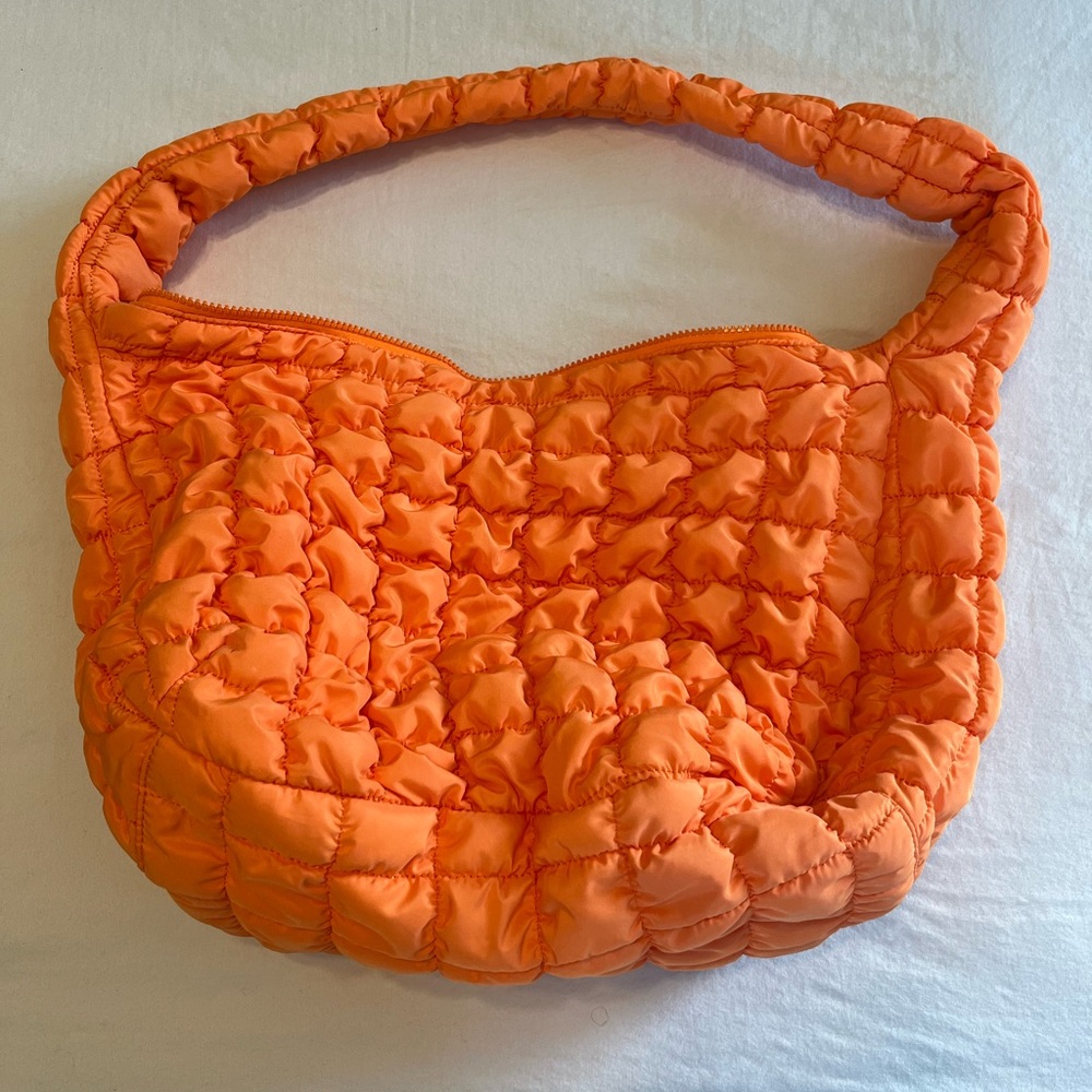 Quilted Puffer Shoulder Bag in Bright Orange